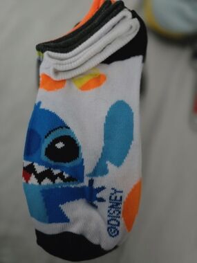 Disney Stitch No-Show Socks in White, Blue & Orange